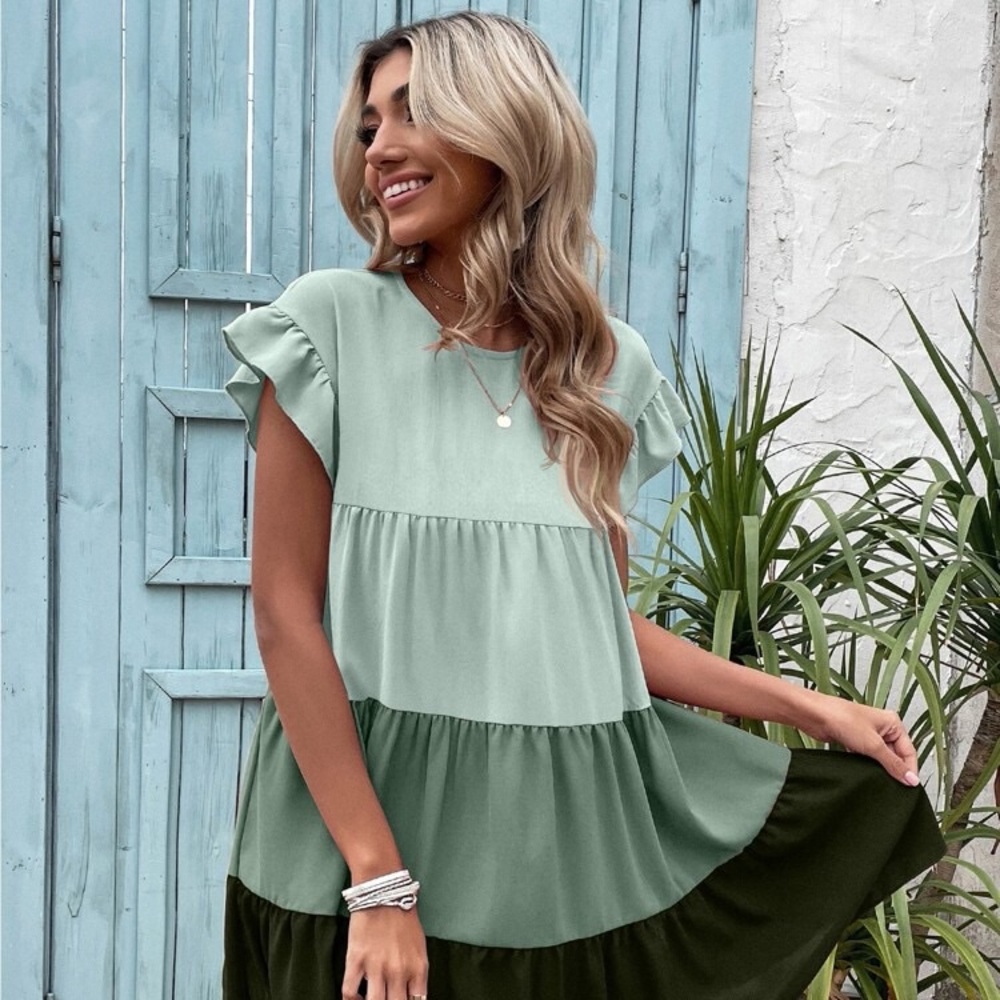 Color Block Flounce Sleeve Ruffle Hem Smock Dress